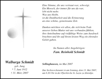 Traueranzeige von Walburga Schmidt von Tageszeitung