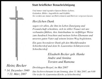 Traueranzeige von Heinz Becker von Tageszeitung