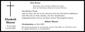 Traueranzeige von Elisabeth Meeser von Tageszeitung