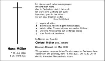 Traueranzeige von Hans Müller von Tageszeitung
