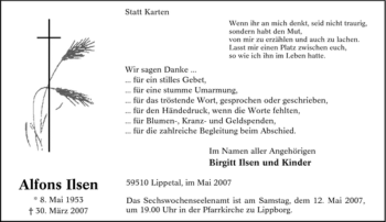 Traueranzeige von Alfons Ilsen von Tageszeitung