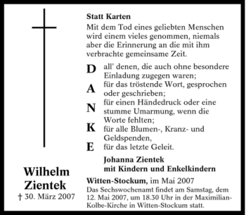 Traueranzeige von Wilhelm Zientek von Tageszeitung