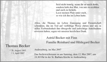 Traueranzeige von Thomas Becker von Tageszeitung