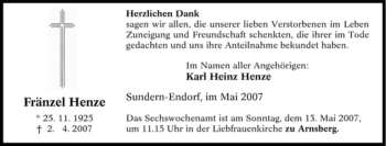Traueranzeige von Fränzel Henze von Tageszeitung