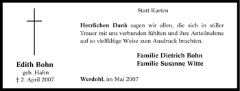 Traueranzeige von Edith Bohn von Tageszeitung