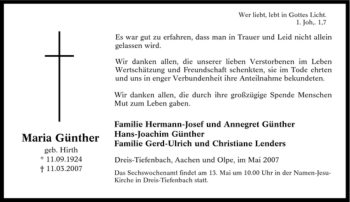 Traueranzeige von Maria Günther von Tageszeitung