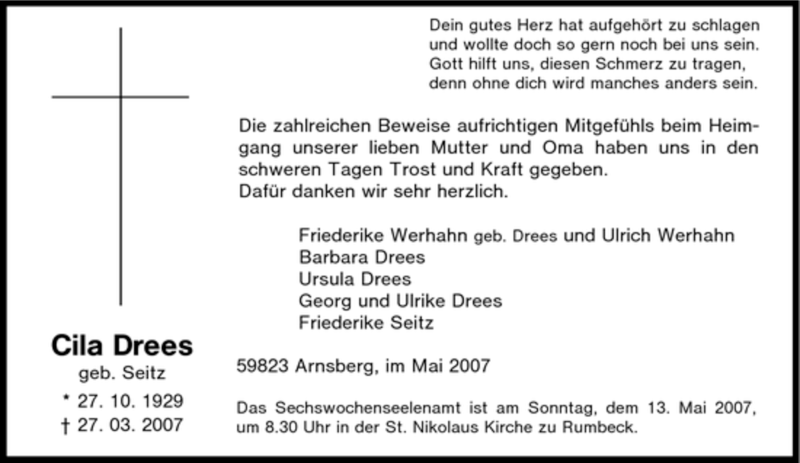  Traueranzeige für Cila Drees vom 05.05.2007 aus Tageszeitung