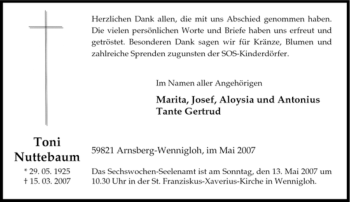 Traueranzeige von Toni Nuttebaum von Tageszeitung