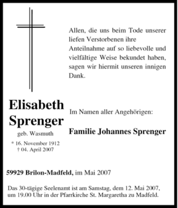 Traueranzeige von Elisabeth Sprenger von Tageszeitung