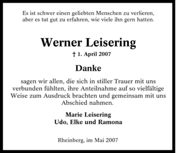 Traueranzeige von Werner Leisering von Tageszeitung