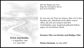 Traueranzeige von Erwin von Kostka von Tageszeitung