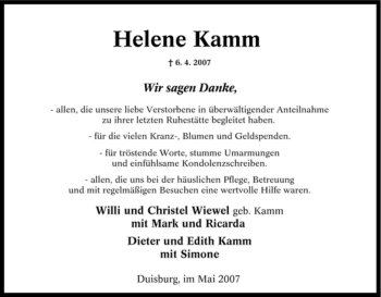 Traueranzeige von Helene Kamm von Tageszeitung