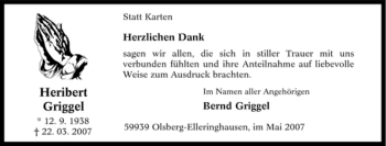 Traueranzeige von Heribert Griggel von Tageszeitung