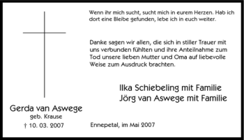 Traueranzeige von Gerda van Aswege von Tageszeitung