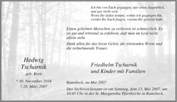 Traueranzeige von Hedwig Tscharnik von Tageszeitung