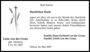 Traueranzeige von Luise von der Crone von Tageszeitung
