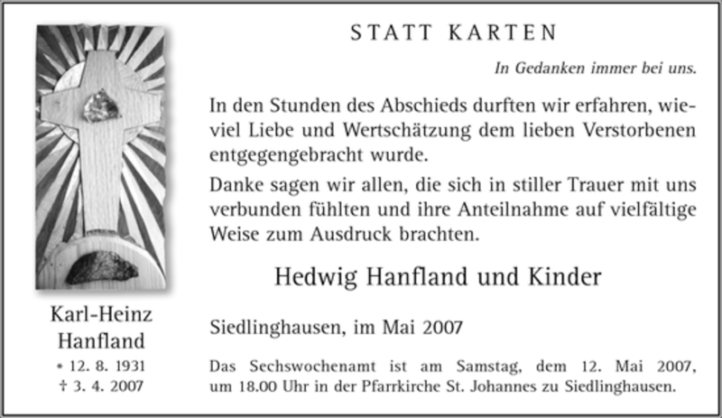  Traueranzeige für Karl-Heinz Hanfland vom 05.05.2007 aus Tageszeitung
