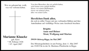Traueranzeige von Marianne Klaucke von Tageszeitung