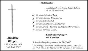 Traueranzeige von Mathilde Bürger von Tageszeitung