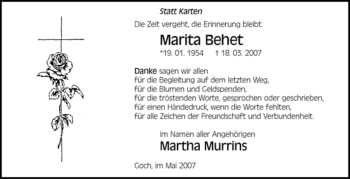 Traueranzeige von Marita Behet von Tageszeitung