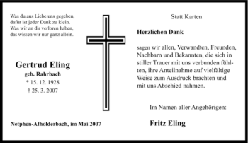 Traueranzeige von Gertrud Eling von Tageszeitung