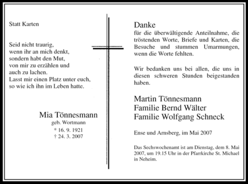  Traueranzeige für Mia Tönnesmann vom 05.05.2007 aus Tageszeitung