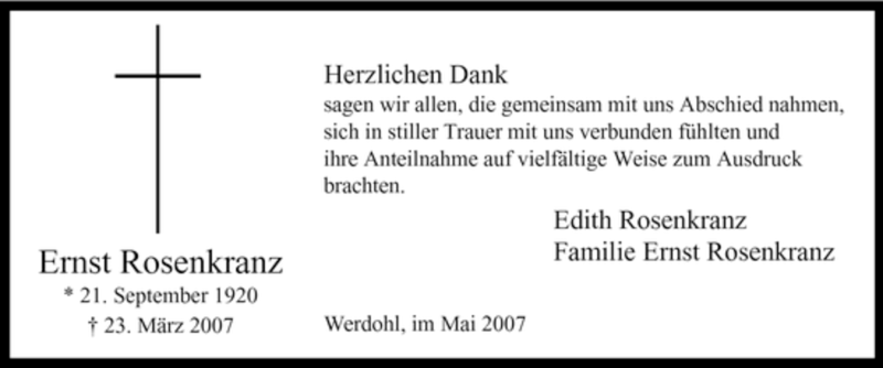  Traueranzeige für Ernst Rosenkranz vom 05.05.2007 aus Tageszeitung