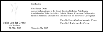 Traueranzeige von Luise von der Crone von Tageszeitung