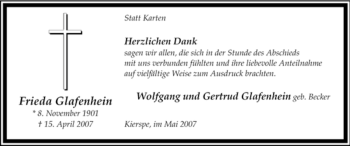 Traueranzeige von Frieda Glafenhein von Tageszeitung