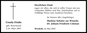 Traueranzeige von Ursula Friebe von Tageszeitung