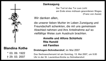 Traueranzeige von Blandina Kothe von Tageszeitung