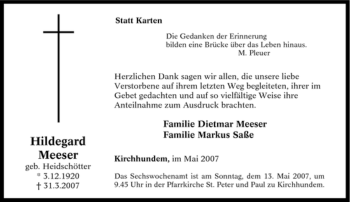 Traueranzeige von Hildegard Meeser von Tageszeitung