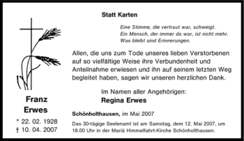 Traueranzeige von Franz Erwes von Tageszeitung