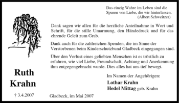 Traueranzeige von Ruth Krahn von Tageszeitung