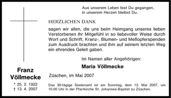 Traueranzeige von Franz Völlmecke von Tageszeitung