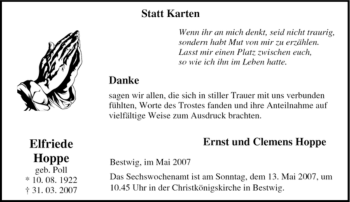 Traueranzeige von Elfriede Hoppe von Tageszeitung