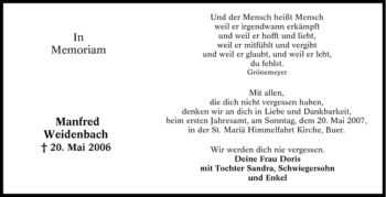 Traueranzeige von Manfred Weidenbach von Tageszeitung