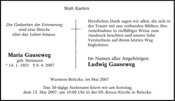 Traueranzeige von Maria Gauseweg von Tageszeitung