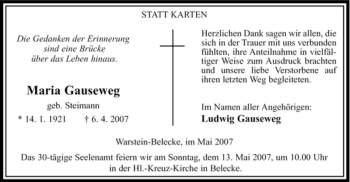 Traueranzeige von Maria Gauseweg von Tageszeitung