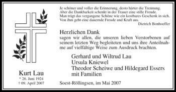 Traueranzeige von Kurt Lau von Tageszeitung