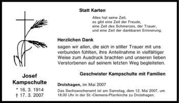 Traueranzeige von Josef Kampschulte von Tageszeitung