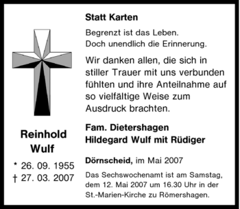 Traueranzeige von Reinhold Wulf von Tageszeitung