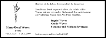 Traueranzeige von Hans-Gerd Wever von Tageszeitung