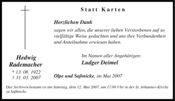 Traueranzeige von Hedwig Rademacher von Tageszeitung