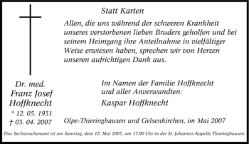 Traueranzeige von Franz Josef Hoffknecht von Tageszeitung