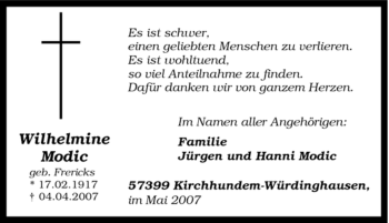 Traueranzeige von Wilhelmine Modic von Tageszeitung