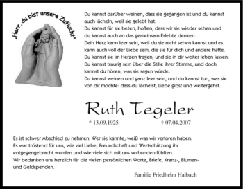 Traueranzeige von Ruth Tegeler von Tageszeitung