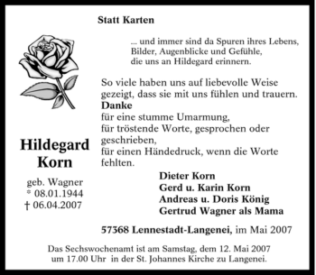 Traueranzeige von Hildegard Korn von Tageszeitung