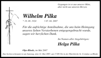Traueranzeige von Wilhelm Pilka von Tageszeitung