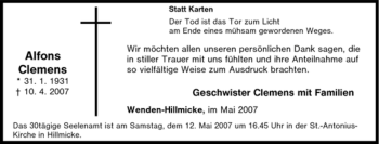 Traueranzeige von Alfons Clemens von Tageszeitung